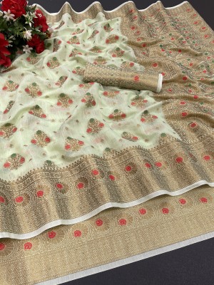 KRENIW Floral Print Kanjivaram Jacquard, Cotton Silk Saree(Cream)