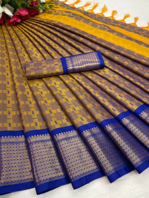 Wamsi Printed Banarasi Pure Silk Saree(Blue, Yellow)