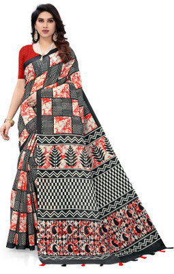 SERONA FABRICS Self Design, Printed, Woven Bollywood Cotton Linen, Jacquard Saree(Black)