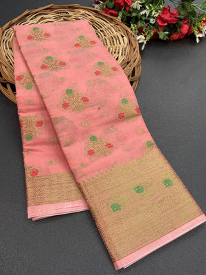 JUMSA Printed, Self Design, Woven, Floral Print Kanjivaram Jacquard, Cotton Silk Saree(Pink)