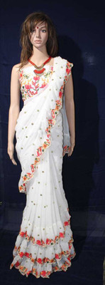 Piton Enterprise Self Design Bollywood Georgette Saree(White)