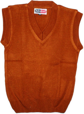 Rajindras Solid, Self Design V Neck Casual Girls Orange Sweater