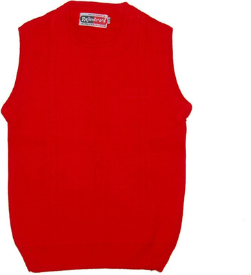 Rajindras Solid, Self Design Round Neck Casual Girls Red Sweater
