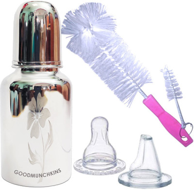 Goodmunchkins Stainless Steel Feeding Bottle-Anti Colic Nipple/Cleaning Brush 304 Jointless - 300(Silver, Pink)