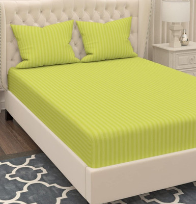 KM HANDLOOM Cotton King Flat 210 TC Striped Bedsheet(Pack of 1, Green)
