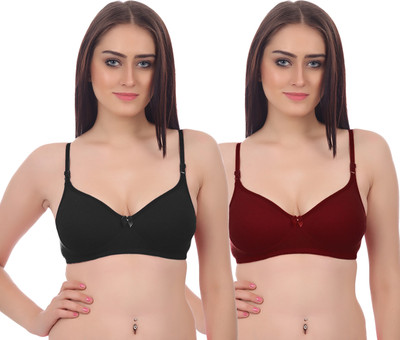 PIBU Michi Bra Women T-Shirt Non Padded Bra(Black, Maroon)