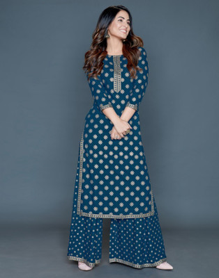 AKCRATION Women Printed A-line Kurta(Dark Blue, Gold)