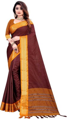 jmoverseas Self Design Assam Silk Cotton Silk Saree(Brown)