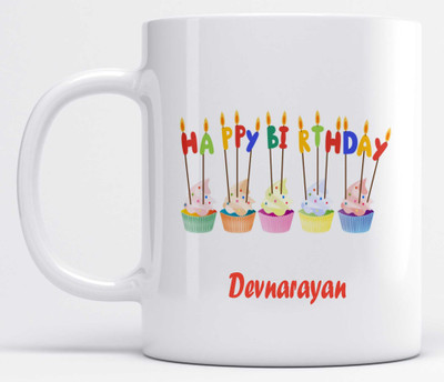 LOROFY Name Devnarayan Printed Happy Birthday Candle Design Ceramic Coffee Mug(325 ml)