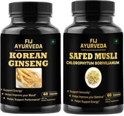 FIJ AYURVEDA Korean Ginseng & Safed Musli Capsule for Energy & Stamina – 60 Capsules Combo(2 x 250 mg)