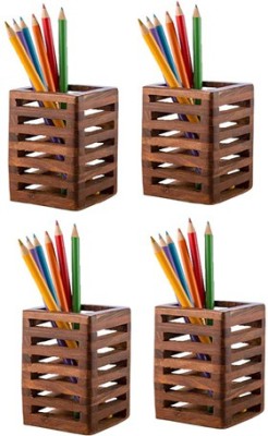 ANTIQUE MART 1 Compartments Solid Rosewood Wooden ( 4 Pcs.) Solid Rosewood Wooden Pen Holder/Multi-Purpose Desk Storage Organizer(Brown)