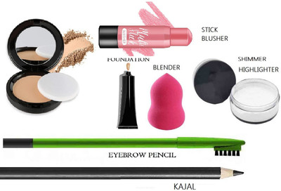 GFSU MAKEUP COMBO KIT SET BLUSHER,COMPACT POWDER,HIGHLIGHTER,BLENDER,FOUNDATION,EYEBROW PENCIL,KAJAL MAKEUP COMBO(7 Items in the set)