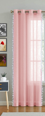 HOMEMONDE 213 cm (7 ft) Door Cotton Transparent Curtain Single Curtain(Baby Pink Border Pompom, Solid)