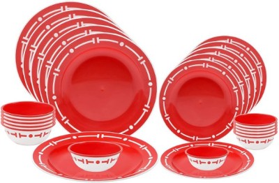Cutting EDGE Pack of 24 Plastic Double Color Dinner Set of 24 with Big Plates,Small Plates,Big Bowls,Small Bowls Dinner Set(Red, Microwave Safe)