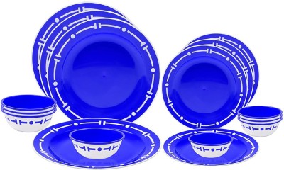 Cutting EDGE Pack of 16 Plastic Double Color Dinner Set of 16 with Big Plates,Small Plates,Big Bowls,Small Bowls Dinner Set(Blue, Microwave Safe)