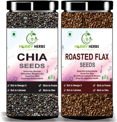 Hobby Herbs Raw Chia Seeds & Roasted Flax Seeds Combo|100gm Each Chia Seeds, Roasted Flax Seeds(2 x 100 g)