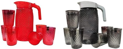 Finner Red Black 2 Jug with 12 Pieces Glasses Set for Juice/Water/Drink Serve Jug Glass Set(Plastic)