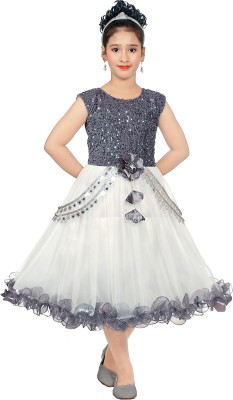 MRM CREATION Girls Midi/Knee Length Party Dress(Silver, Sleeveless)