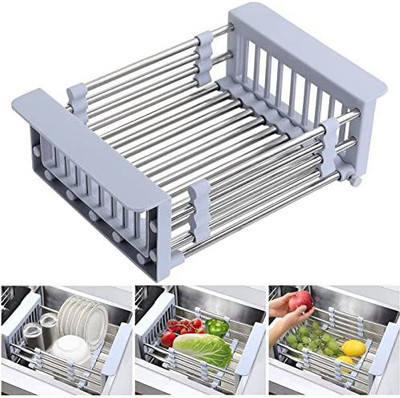 AMEEDARSHAN Adjustable Dish Drainer Basket for Kitchen Stainless Steel Dish Drainer Kitchen Rack(Plastic, Steel, Multicolor)