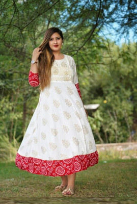 KPGARMENT Women Printed Gown Kurta(White)