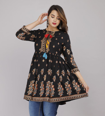 Krishan Krishna Women Printed A-line Kurta(Black)