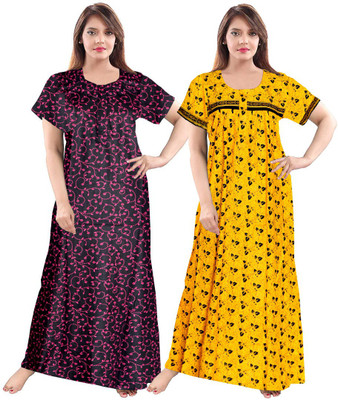 zalya Women Nighty Set(Black, Yellow)