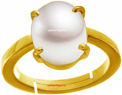 Akshita gems Moti 8.25 Ratti Natural Stone Round Shape Silver Metal Adjustable Ring Brass Pearl Gold Plated Ring