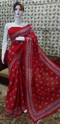 NIKHILAM Printed Daily Wear Pure Cotton Saree(Red)