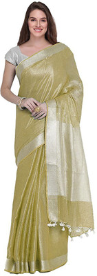 govind handloom Self Design Handloom Cotton Linen, Tissue Saree(Silver, Green)