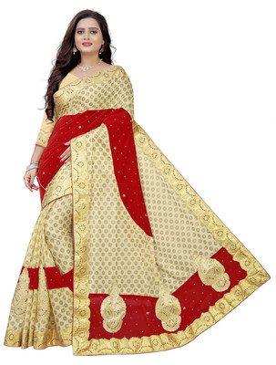 Chandan Fabrics Embellished Bollywood Velvet, Lycra Blend Saree(Red, Gold)