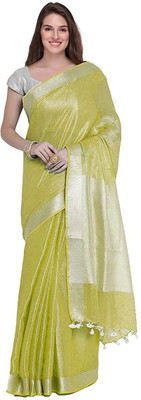 govind handloom Self Design Handloom Cotton Linen, Tissue Saree(Silver, Green)