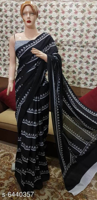 Craftmusium Printed, Color Block, Blocked Printed, Floral Print, Dyed Daily Wear Pure Cotton Saree(Black)