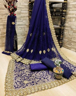 NIVLTA DESIGNER Embroidered Bollywood Net Saree(Pack of 2, Blue)