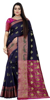 Indian Fashionista Woven Banarasi Art Silk Saree(Dark Blue, Pink)