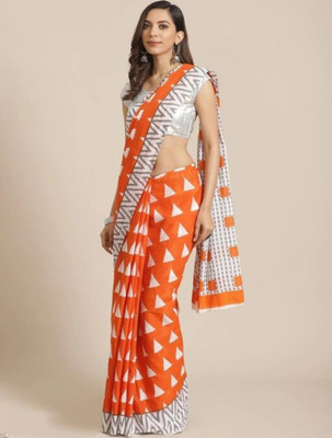 NIKHILAM Printed Handloom Pure Cotton Saree(Orange)