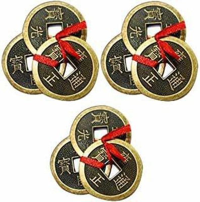 PURAVEDIC The Three Lucky Feng-Shui Coin Luck 2.5 cm (Metal, Gold) Set Of 3 ( 9 coin) Decorative Showpiece  -  3 cm(Fabric, Multicolor)