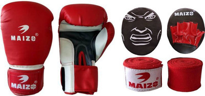 MAIZO Pro Style Training Gloves 6 oz Combo 120'' Hand wrap with Kids focus pad Boxing Gloves(Red)