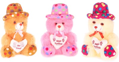 Topgrow Soft Teddy Bear Cap Style with Heart Set of 3 Pink - Golden - Cream  - 12 cm(Pink, Golden, Cream)