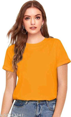 Tdoc Solid Women Round Neck Yellow T-Shirt