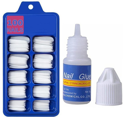 SAROWA Artificial Nails Set ( 100 pc ) With Glue WHITE(Pack of 100)