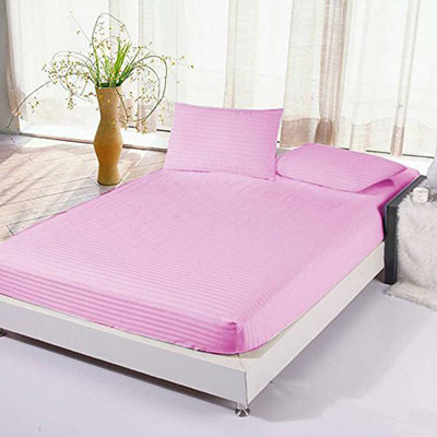 KRISHNA Cotton Double Fitted (Elastic) 210 TC Striped Bedsheet(Pack of 1, Pink)