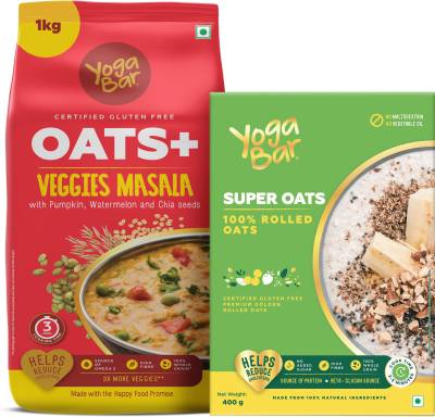 Yogabar High Protein Veggies Masala Oats 1kg with Rolled Oats 400g ...