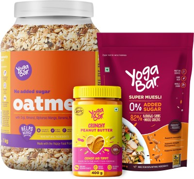 Yogabar No Added Sugar Breakfast Combo | Oatmeal 1kg, Muesli 400g, Peanut Butter 400g Plastic Bottle(3 x 0.6 kg)