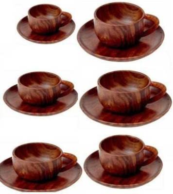INDIAN WOOD ARTS Pack of 6 Wooden Wooden Natural Wood cup and saucer set of 6