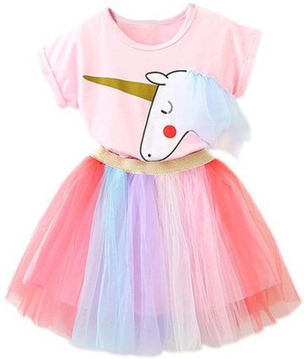 Bold N Elegant Girls Party(Festive) Top Skirt(Pink, Multicolor)