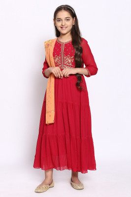 Aurelia Girls Casual Kurta and Dupatta Set(Red Pack of 2)