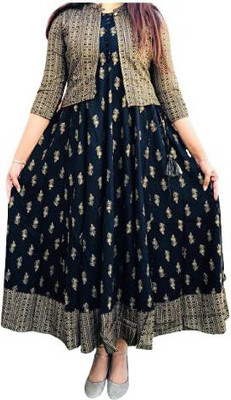 Ivaan Women Printed Anarkali Kurta(Black)