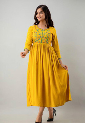 Demirner Women Embroidered A-line Kurta(Yellow)