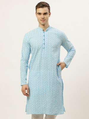 Jompers Men Printed Straight Kurta(Blue)