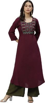 IVES Women Embroidered A-line Kurta(Purple)